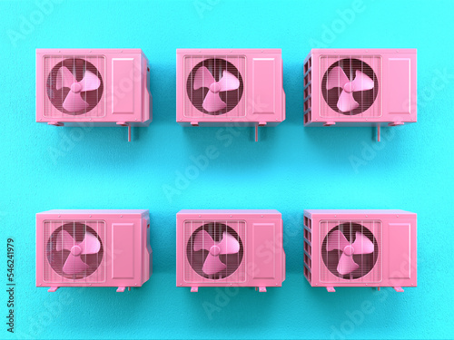 Abstract colorful happy style air conditioner outdoor units on blue background. Six a/c mounted on colordul wall. 3D render. photo