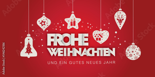 Weihnachtskarte mit dekorativen Weihnachtskugeln und deutschem Text auf rotem Hintergrund - Frohe Weihnachten und ein gutes neues Jahr