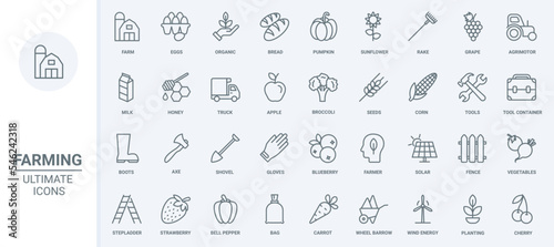 Farm agricultural machinery, tools for farmers and organic harvest of rural garden thin line icons set vector illustration. Outline honey and milk, sunflower and corn field cultivation, solar panel