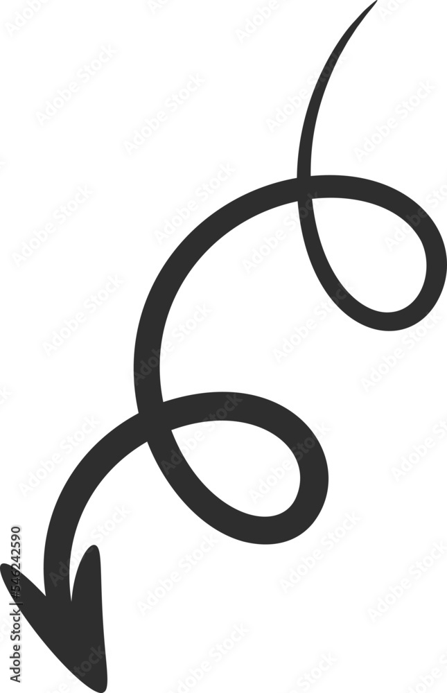 Sketchy drawing arrow vector illustration. White twisted and curled hand drawn arrow, spiral and curved doodle pointer isolated on black background for hand drawn infographic design Sketchy drawing arrow vector illustration. White twisted and curled hand drawn arrow, spiral and curved doodle pointer isolated on black background for hand drawn infographic design