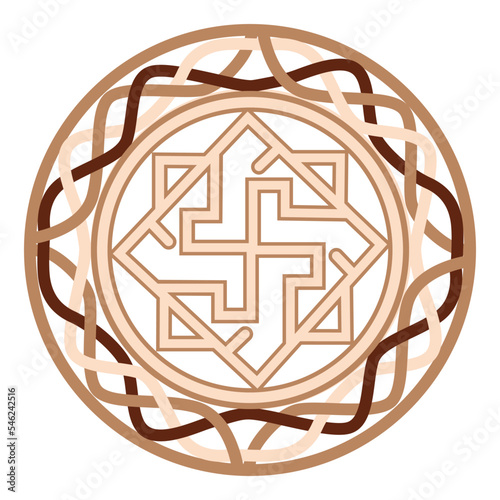 Valkyrie, an ancient Slavic symbol, decorated with Scandinavian patterns. Beige fashion design