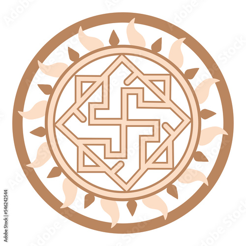 Valkyrie, an ancient Slavic symbol, decorated with Scandinavian patterns. Beige fashion design