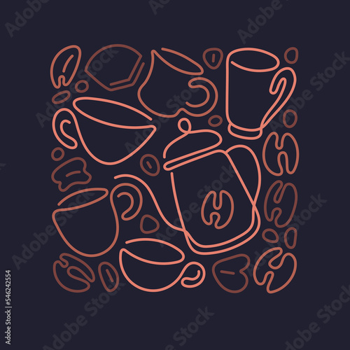 Coffee linear pattern. Abstract cups, pot, grains