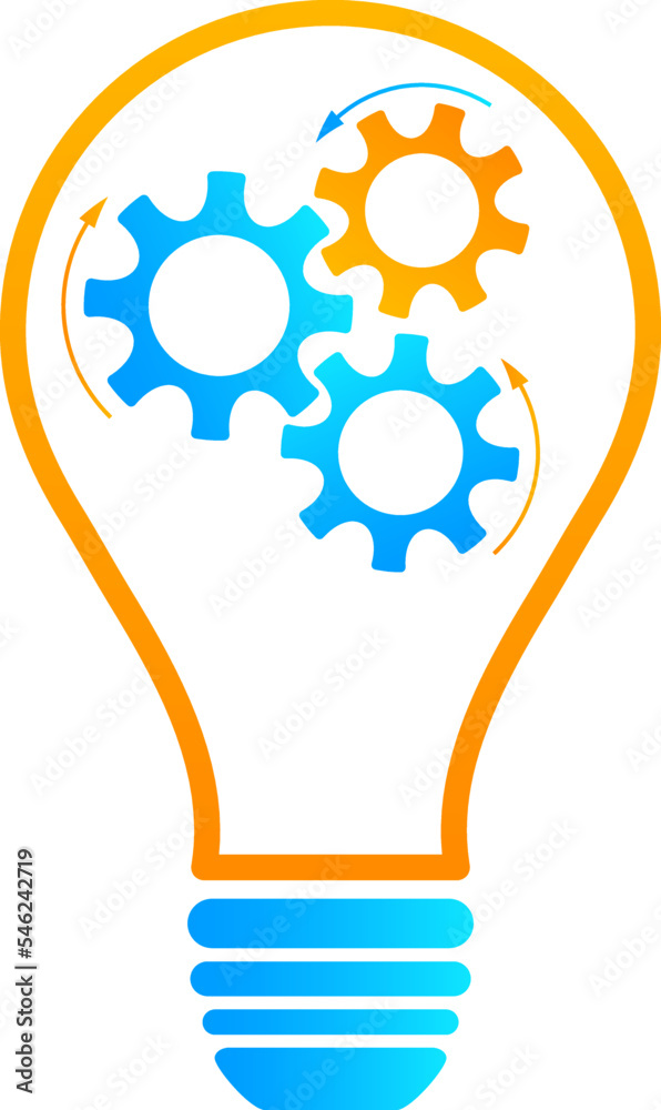 Lightbulb creative idea and brainstorm concept vector illustration. Innovation think process graphic with orange outline and blue silhouette bulb with light Lightbulb creative idea and brainstorm concept vector illustration. Innovation think process graphic with orange outline and blue silhouette bulb with light