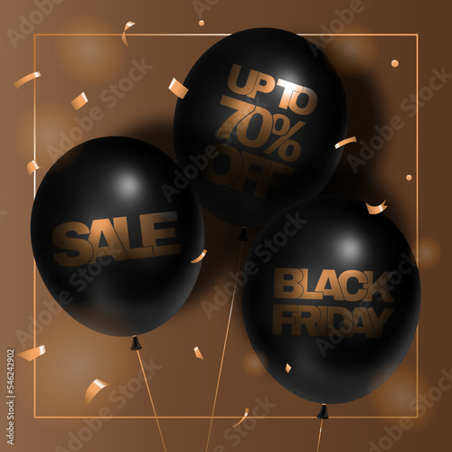 Black Friday. Sale. Discount of up to 70%. Black balloons and text. Vector modern trendy 3D illustration...
