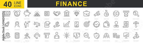 Money icon set. Business and finance editable stroke line icon. Money, finance, payments elements. Icon set with money, bank, check, law, auction, exchance, payment, wallet, deposit, piggy, calculator