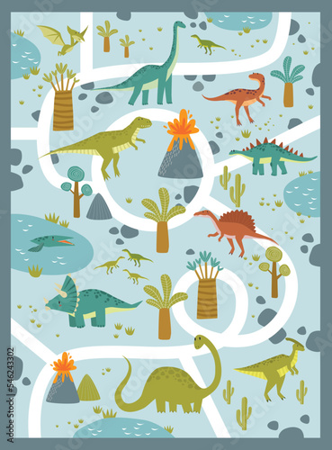 Print. Vector children's play mat with dinosaurs in a jurassic park. Cartoon dinosaurs. Road in jurassic park. Game for children. tyrannosaurus, pterodactyl, brachiosaurus, tricerathorps
