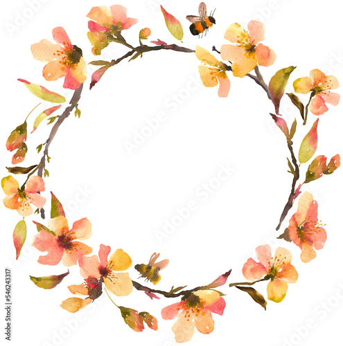 Watercolor spring flowers round frame transparent PNG