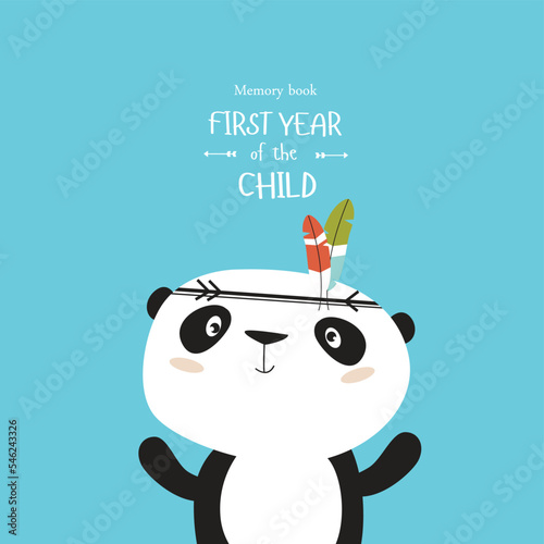 Print. Vector cover for baby first year photo album with cute cartoon panda. Birthday, babyshawer. Poster, postcard, invitation, flyer
