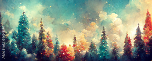 Abstract illustration of Christmas trees as panorama background header