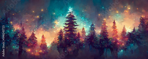 Christmas trees at night as illustration wallpaper background