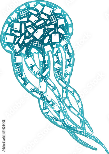 Jellyfish plastic waste ocean environment problem concept vector llustration. Marine animal silhouette filled with plastic garbage flat icons. Microplastic pollution problem, single use plastic crisis