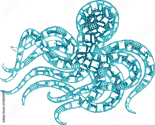 Octopus plastic waste ocean environment problem concept vector llustration. Marine animal silhouette filled with plastic garbage flat icons. Microplastic pollution problem, single use plastic crisis.