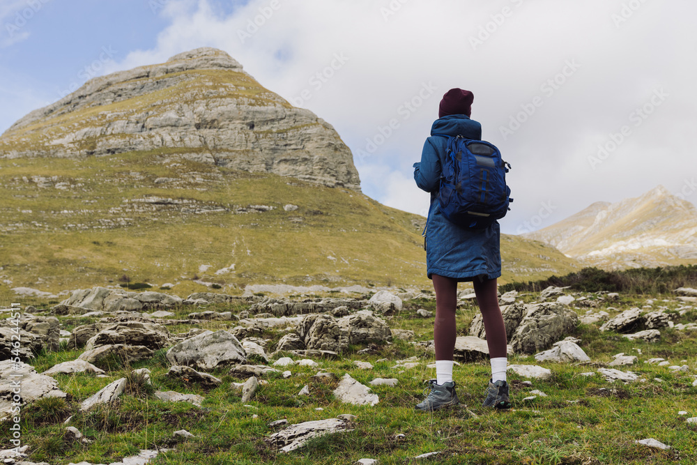 Tourism and active lifestyle. An unrecognisable woman who stands with her back to the camera against the backdrop of mountains