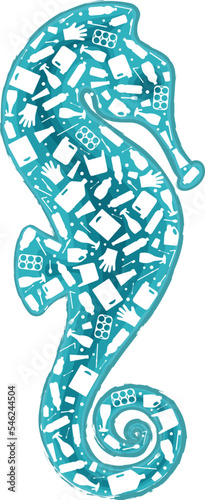 Seahorse plastic waste ocean environment problem concept vector llustration. Marine animal silhouette filled with plastic garbage flat icons. Microplastic pollution problem, single use plastic crisis.
