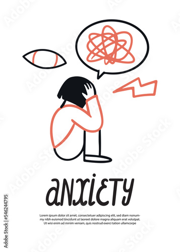 Anxiety. Vector poster or flyer on the theme of depression and sadness. An advertisement for psychotherapy. Vector doodle cartoon style. Hand drawn letters, template.