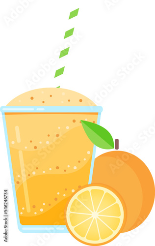 Natural fruit smoothie vector illustration. Sweet protein shake or vegeterian juicy cocktail set in glass cup with straw and fresh fruits for smoothie social media promotion banner