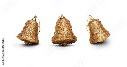 Gold glitter Christmas bell bauble decorations isolated against a transparent background.