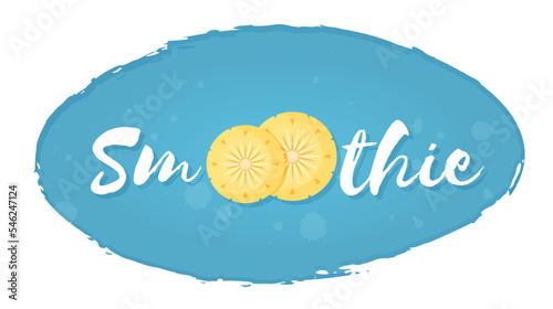 Isolated pineapple blue label smoothie fruit shake vector illustration. Hand drawn sign Smoothie on blue background in white frame on smoothies drink cocktail sticker for shop decoration design