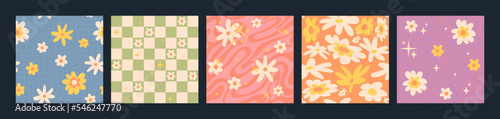 Cute groovy flower seamless patterns with sparkles, hippie psychedelic wave pattern with daisy flowers. Retro checkered background with daisies, funky vintage aesthetic floral textile print vector set