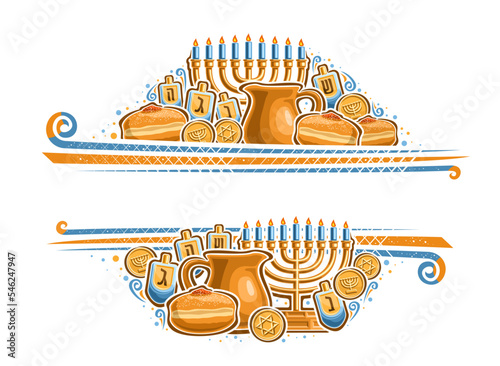 Vector border for Hanukkah with empty copy space for congratulation text, decorative greeting card with illustration of gold menorah, blue burning candles and sweet sufganiyot for hanukkah holiday