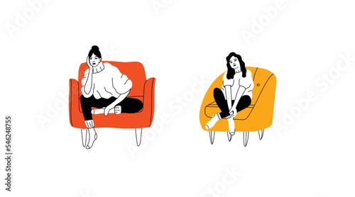 Young fashion women or girls sitting on the chair or sofa at home. Female characters visiting friend, relaxing after work, models sitting in various poses. Cartoon hand drawn illustration