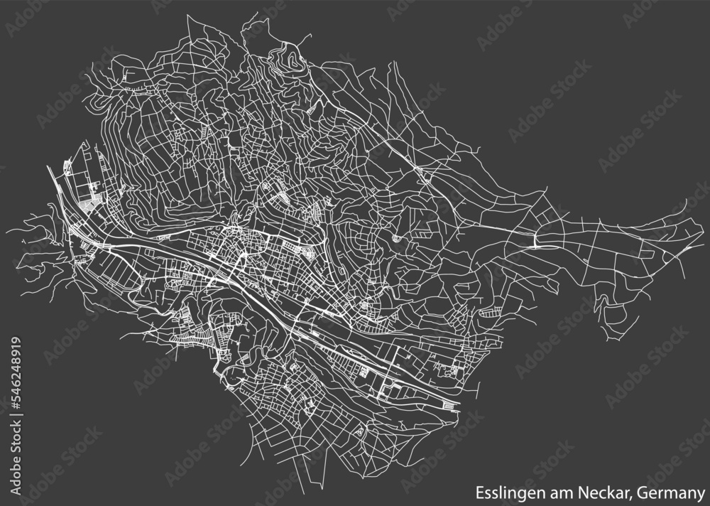 Detailed negative navigation white lines urban street roads map of the German regional capital city of ESSLINGEN AM NECKAR, GERMANY on dark gray background