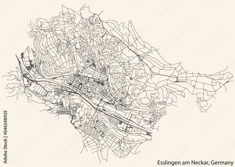Detailed navigation black lines urban street roads map of the German regional capital city of ESSLINGEN AM NECKAR, GERMANY on vintage beige background Detailed navigation black lines urban street roads map of the German regional capital city of ESSLINGEN AM NECKAR, GERMANY on vintage beige background