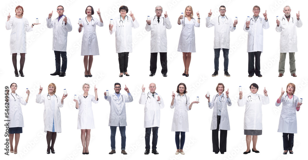 group of doctors holding jar isolated on white