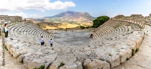 Segesta, Sicily, Italy - July 9, 2020: Ruins of the Greek Theater in Segesta, Sicily, Italy