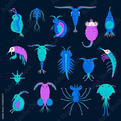 Set of cartoon zooplankton characters flat style, vector illustration photo