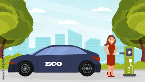 Young woman using electric car for personal urban city transportation. Eco friendly alternative vehicles flat vector