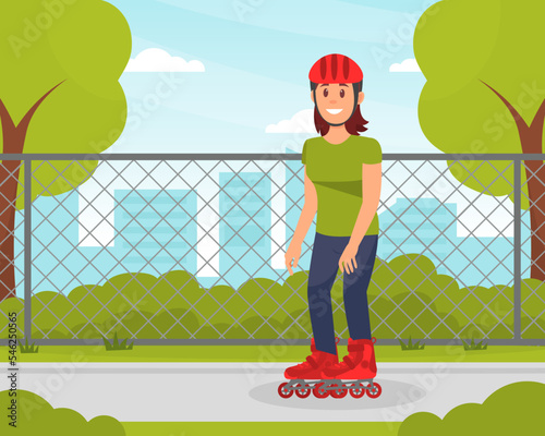 Sporty girl rollerblading. Urban city personal eco transport flat vector