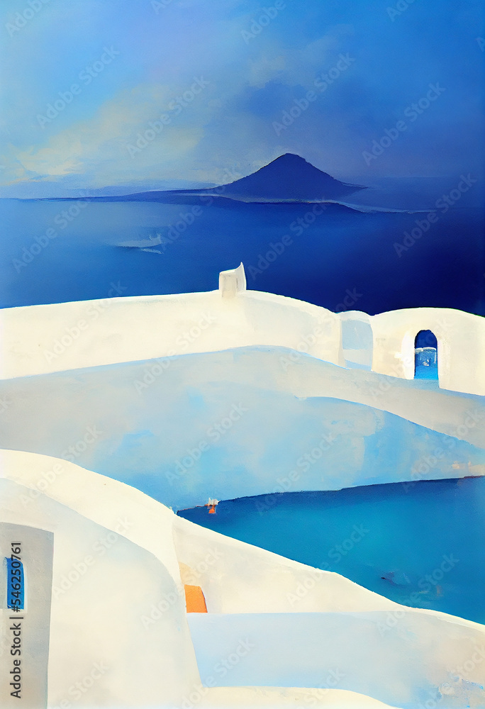 Santorini Architecture in digital oil painting Style famous blue domed churches from Oia on the greek isle
