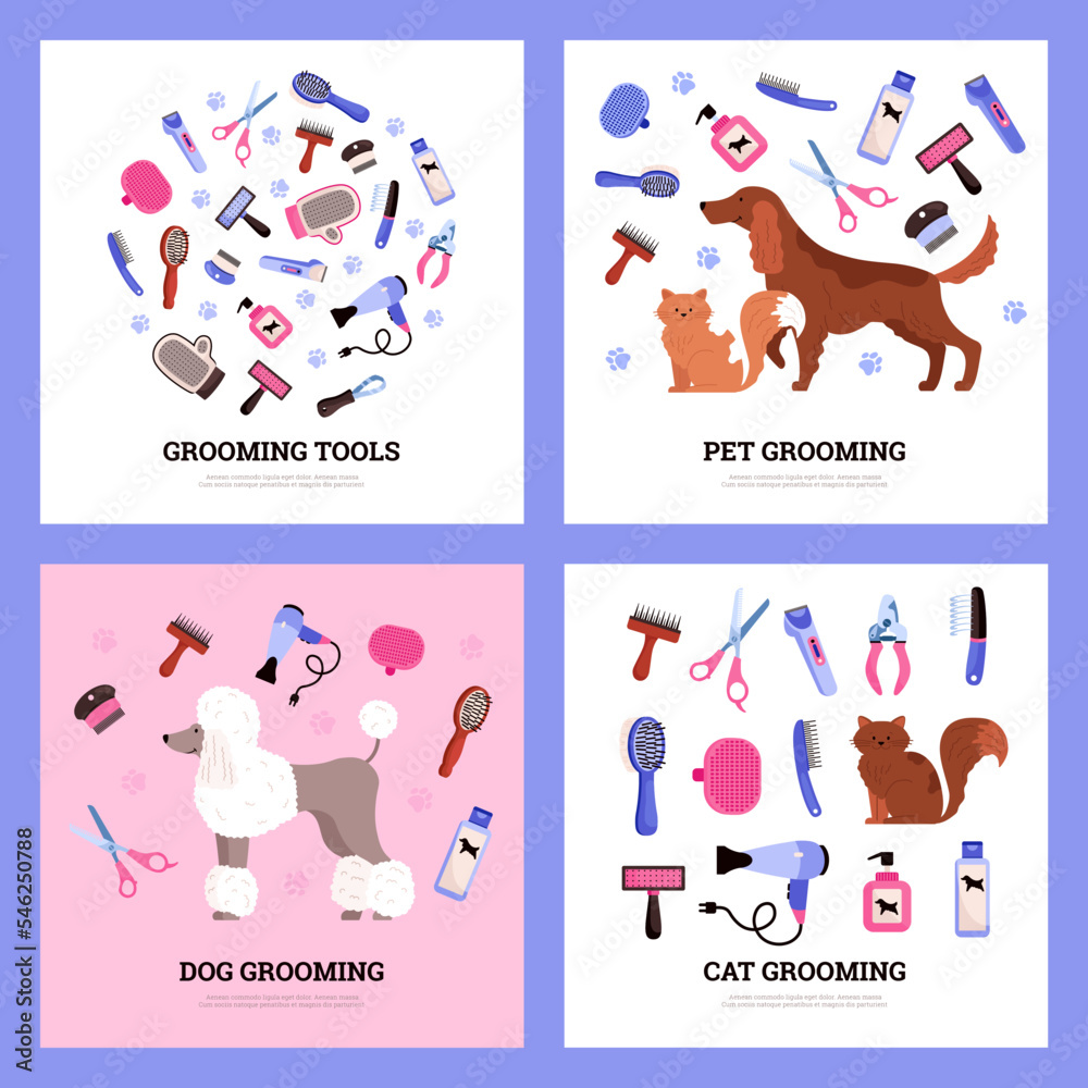 Set of squared banners about pet grooming flat style Set of squared banners about pet grooming flat style