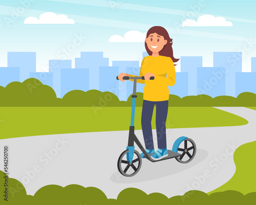 Girl riding electric kick scooter. Personal urban city transportation. Eco friendly alternative vehicles flat vector