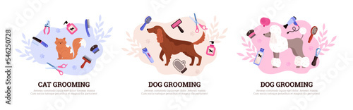 Cat and dog grooming posters, cute pets with tools for grooming, flat vector illustration isolated on white.