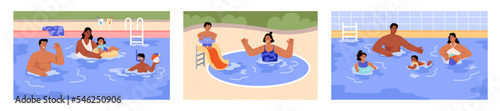 Set of scenes with families vacationers in swimming pool flat style