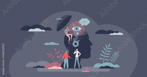Inner mental intelligence with open minded thinking tiny person concept. Visionary skills and knowledge visualization vector illustration. Empathy and psychological judgment skills. Logic education.