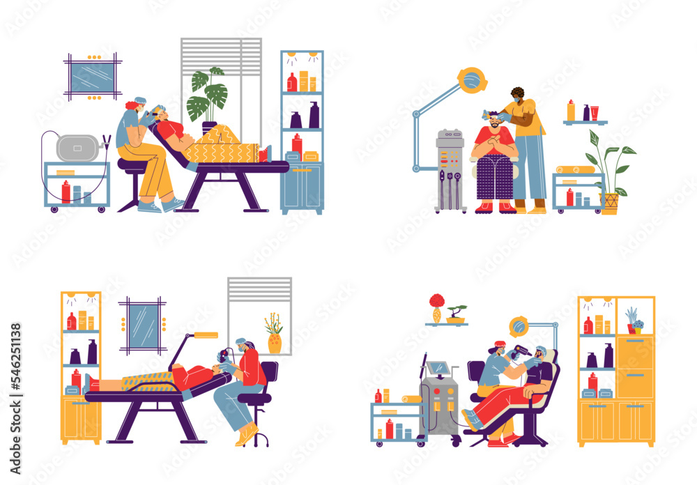 Set of scenes about cosmetology flat style, vector illustration