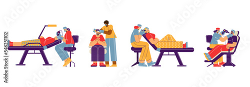 Cosmetology clinic clients getting face cleansing and massage, flat vector illustration isolated on white background.