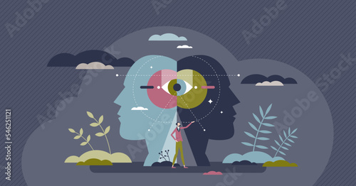 Personality psychology branch with individuals self analysis tiny person concept. Human emotional and mental thinking model type evaluation with ego characteristics assessment vector illustration.