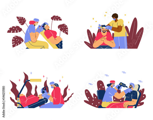 Set of cosmetologists make injections, face cleaning and massage - flat vector illustration isolated on white..