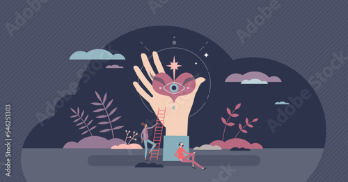 Spiritual healing energy force and holistic mind therapy tiny person concept. Mental harmony and peace with astral treatment and care vector illustration. Soul recovery after esoteric meditation.
