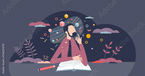Intuition knowledge and smart mind thinking process tiny person concept. Logic intelligence and brain intellect with knowledge, concentration, imagination and cognition skills vector illustration.
