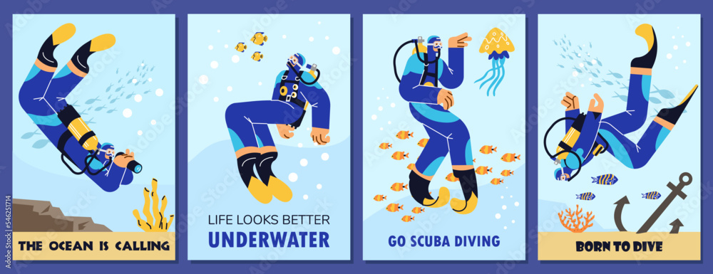Set of posters about scuba diving flat style, vector illustration