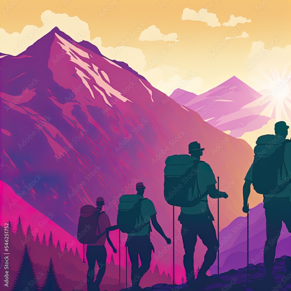 Illustration of hikers backpacking in the mountains. 