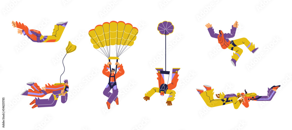 Set of people jumping with parachute flat style, vector illustration