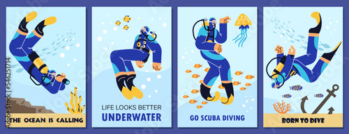 Set of posters about scuba diving flat style, vector illustration