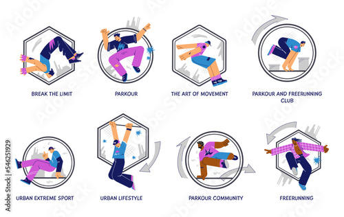 Set of icons about parkour and freerunning flat style, vector illustration